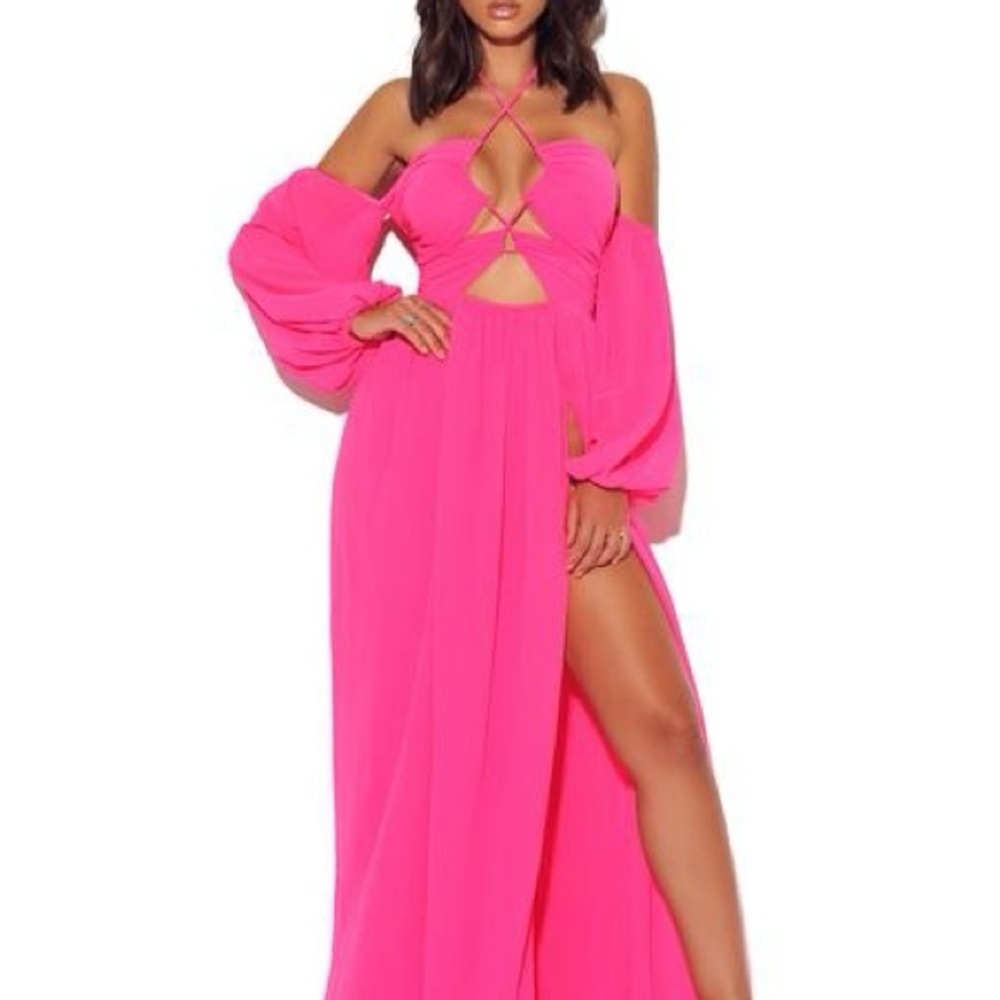 Miss Circle Vibrant Pink Maxi Dress with Halter Neck